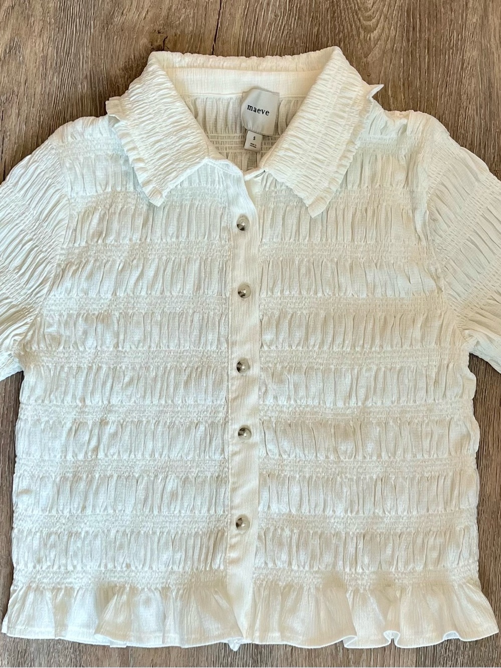 Maeve White Smocked Ruffle Collar Button-Front Top